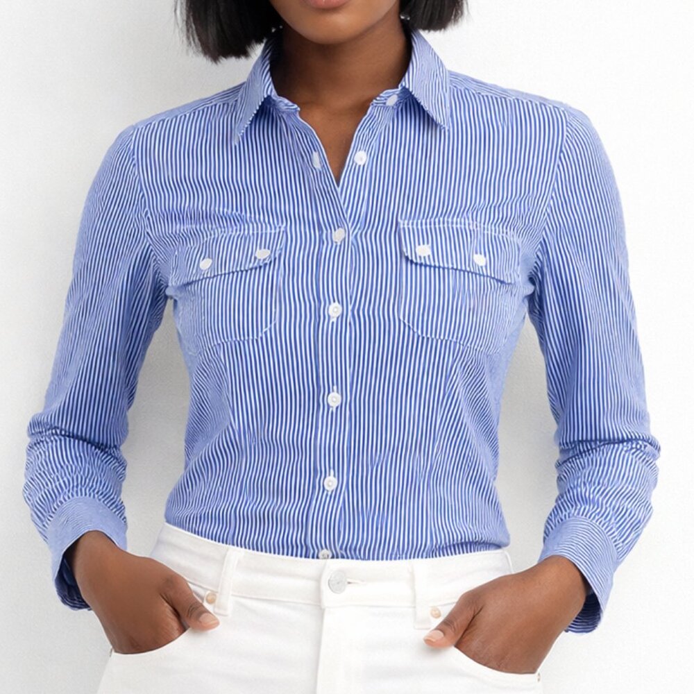 Miss Majesty Blue & White Pinstripe Button-Up | Size Small